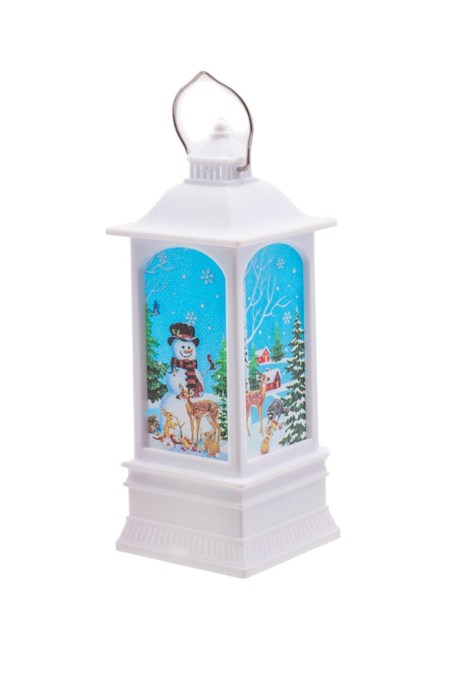 White Light-Up Small LED Christmas Lantern with Snowman-Scape