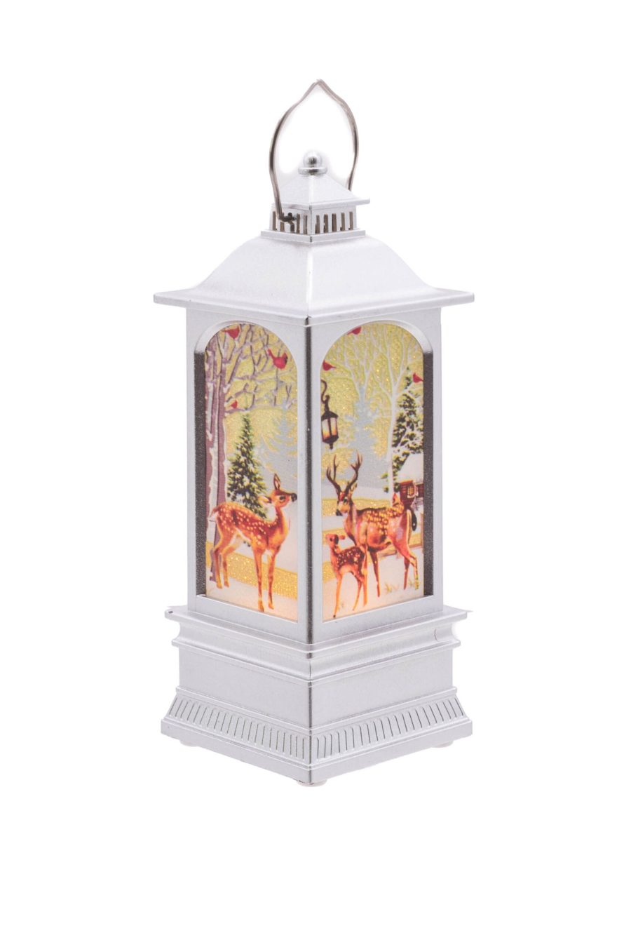 Silver Light-Up Small LED Christmas Lantern with Reindeer-Scape