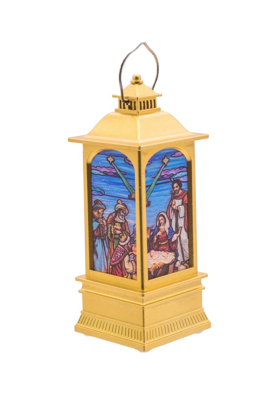Gold Light-Up Small LED Christmas Lantern with Nativity-Scape