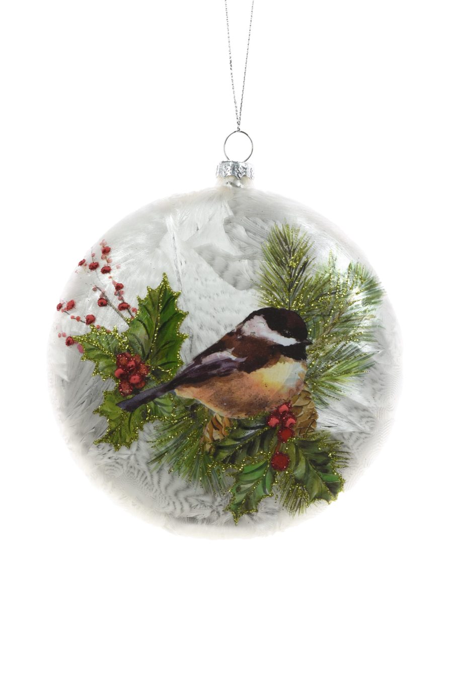White Hanging Flat Chickadee Ornament