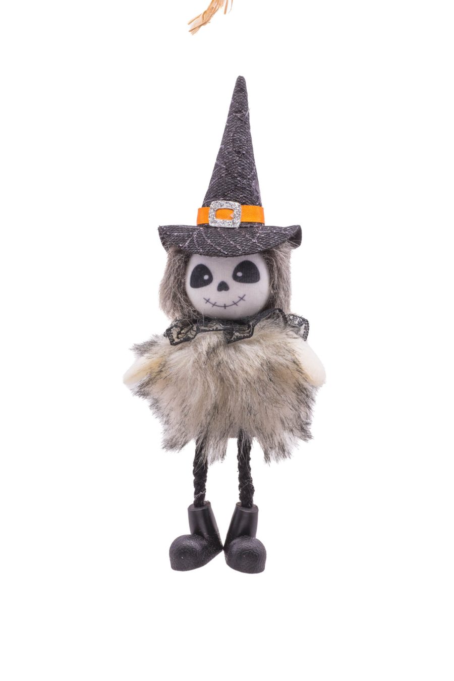 White Cloth Standing Cute Lil Fuzzy Skelly with Spider-Print Pilgrim Hat