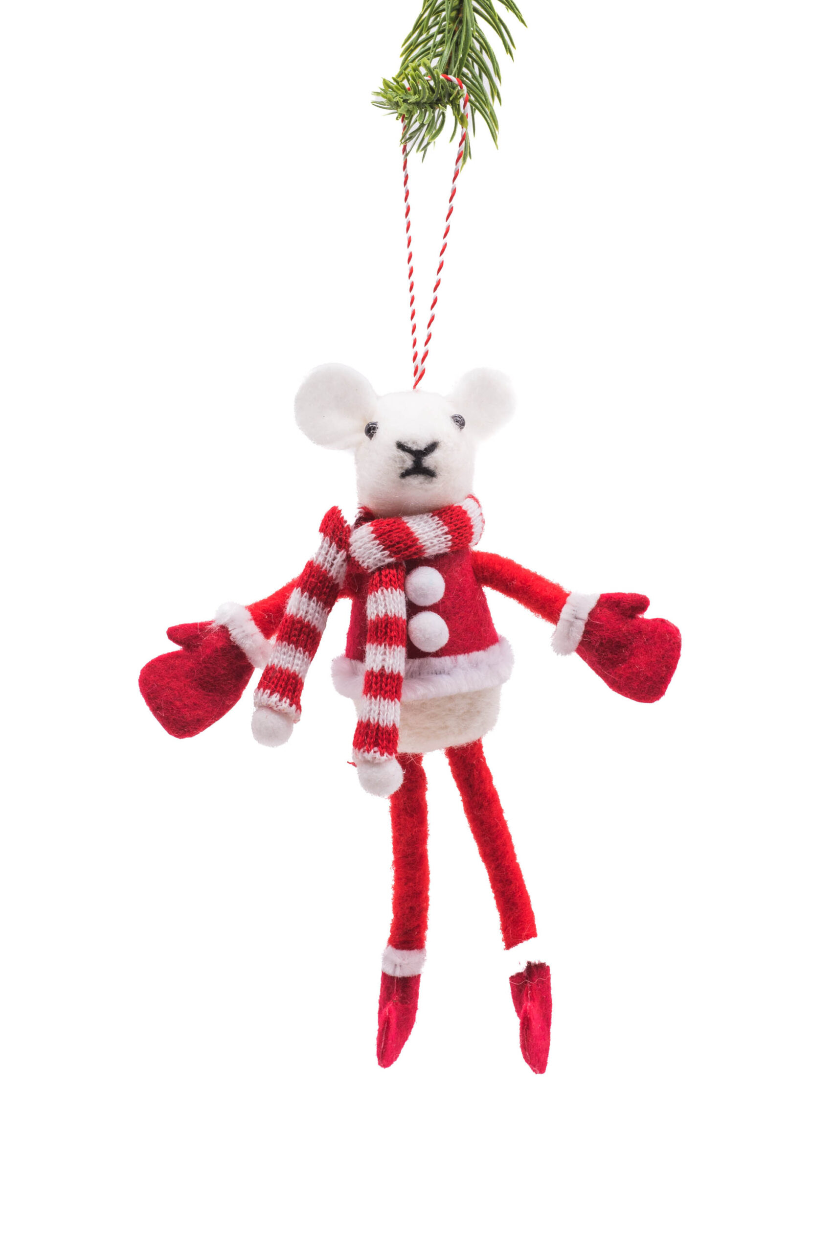 White/Red Polylon Hanging Posable Mouse Ornament with Striped Scarf