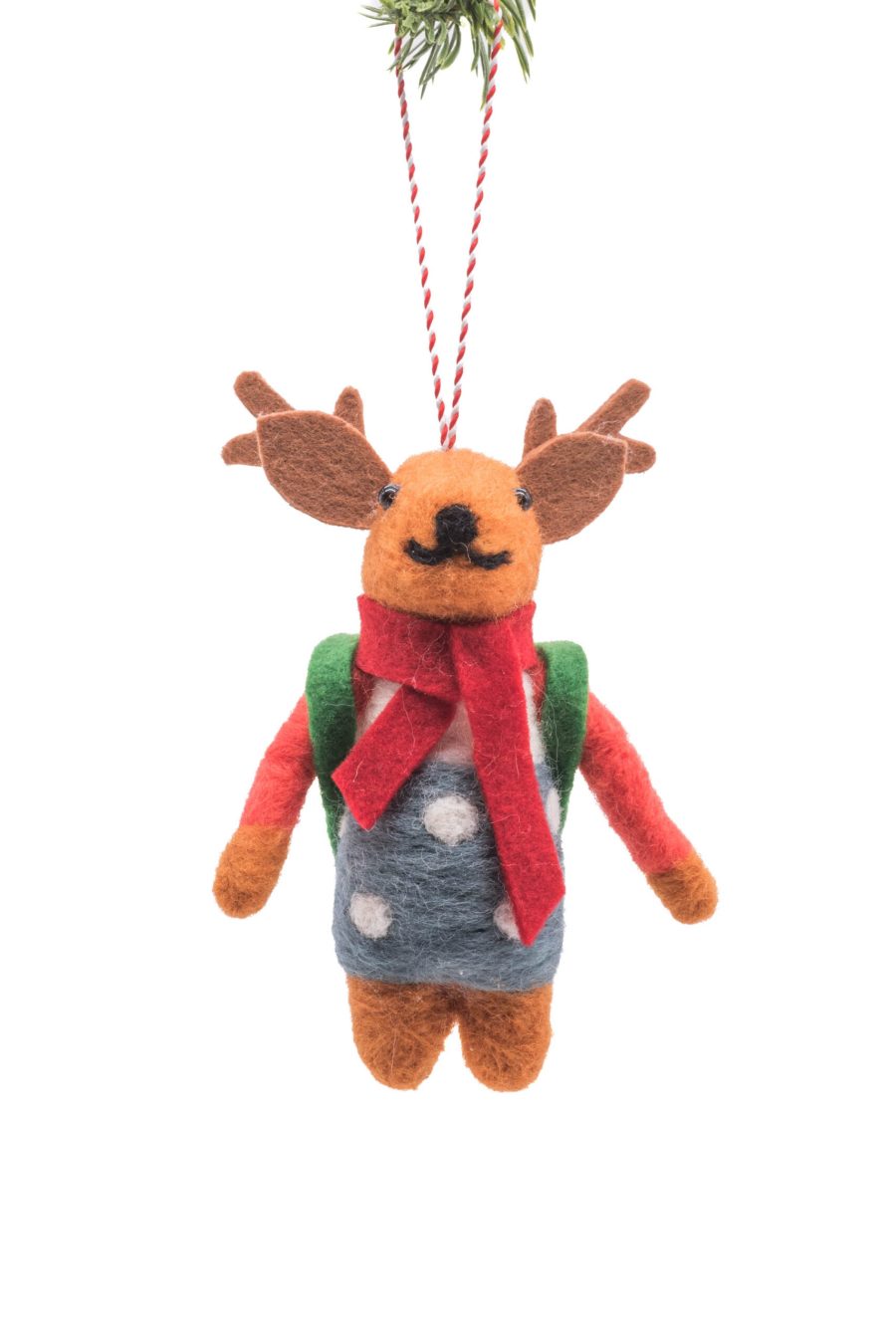 Orange/Blue Polylon Hanging Reindeer Ornament with Green Backpack