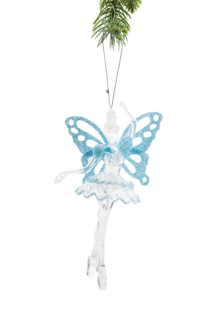 Clear Hanging Fairy Ornament with Glittering Blue Wings