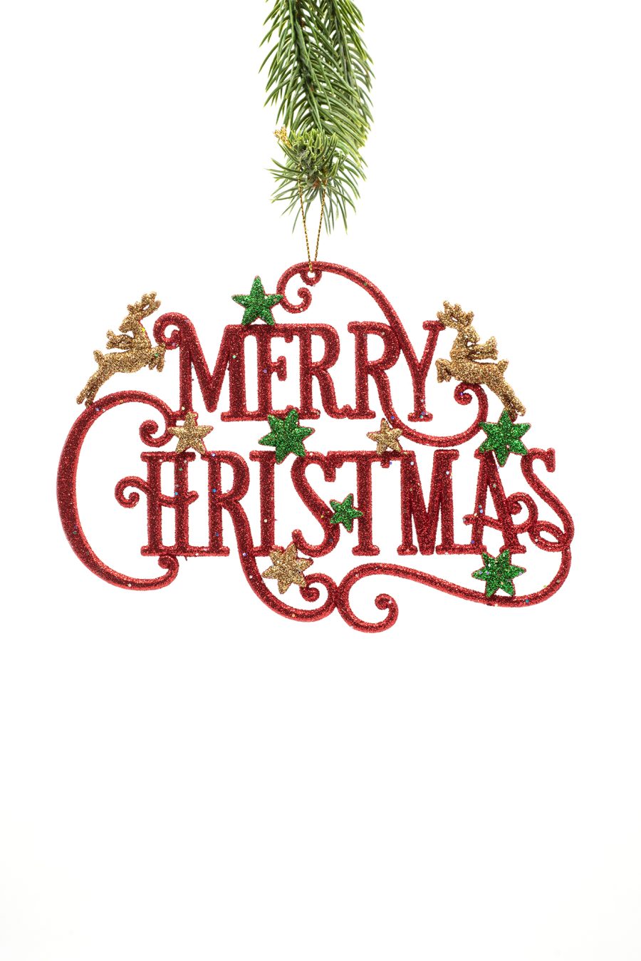 Red/Green Glittering Merry Christmas Ornament with Prancing Reindeer