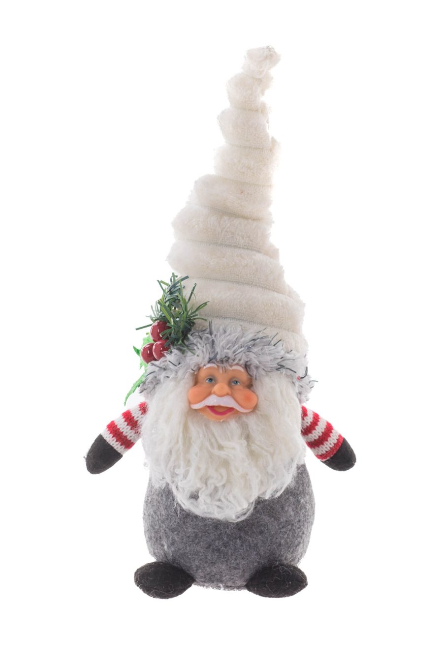 Grey/White Fabric Petite Santa Gnome with Striped Undershirt