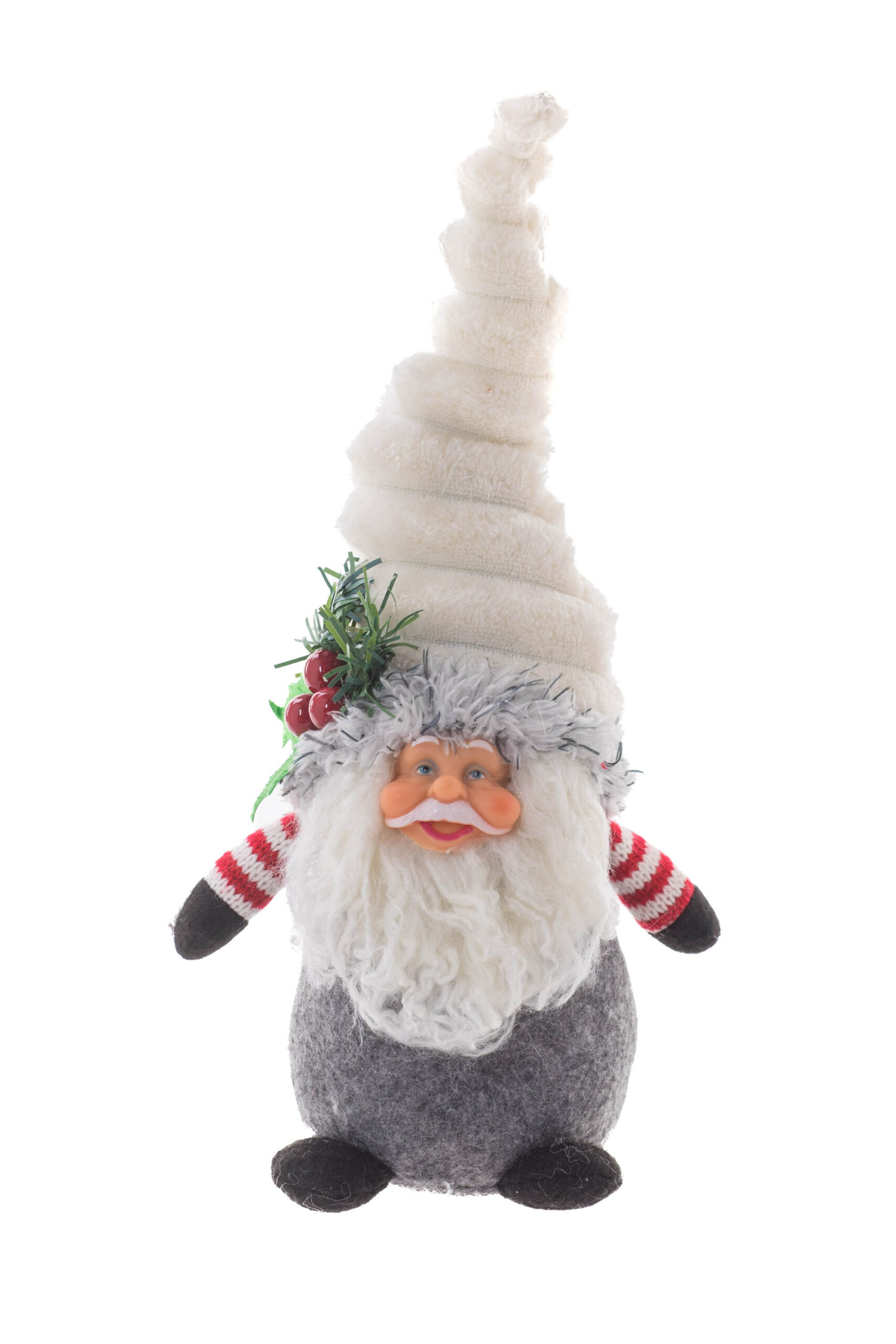 Grey/White Fabric Petite Santa Gnome with Striped Undershirt