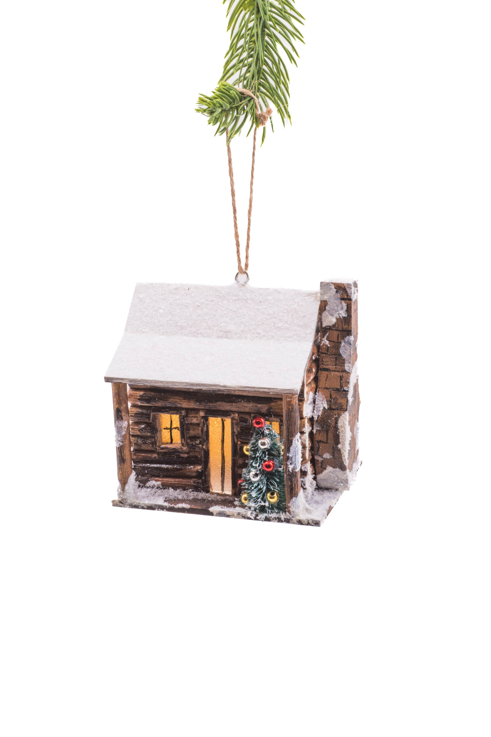 Brown/White MDF Hanging Cabin Lighted Ornament with Christmas Tree