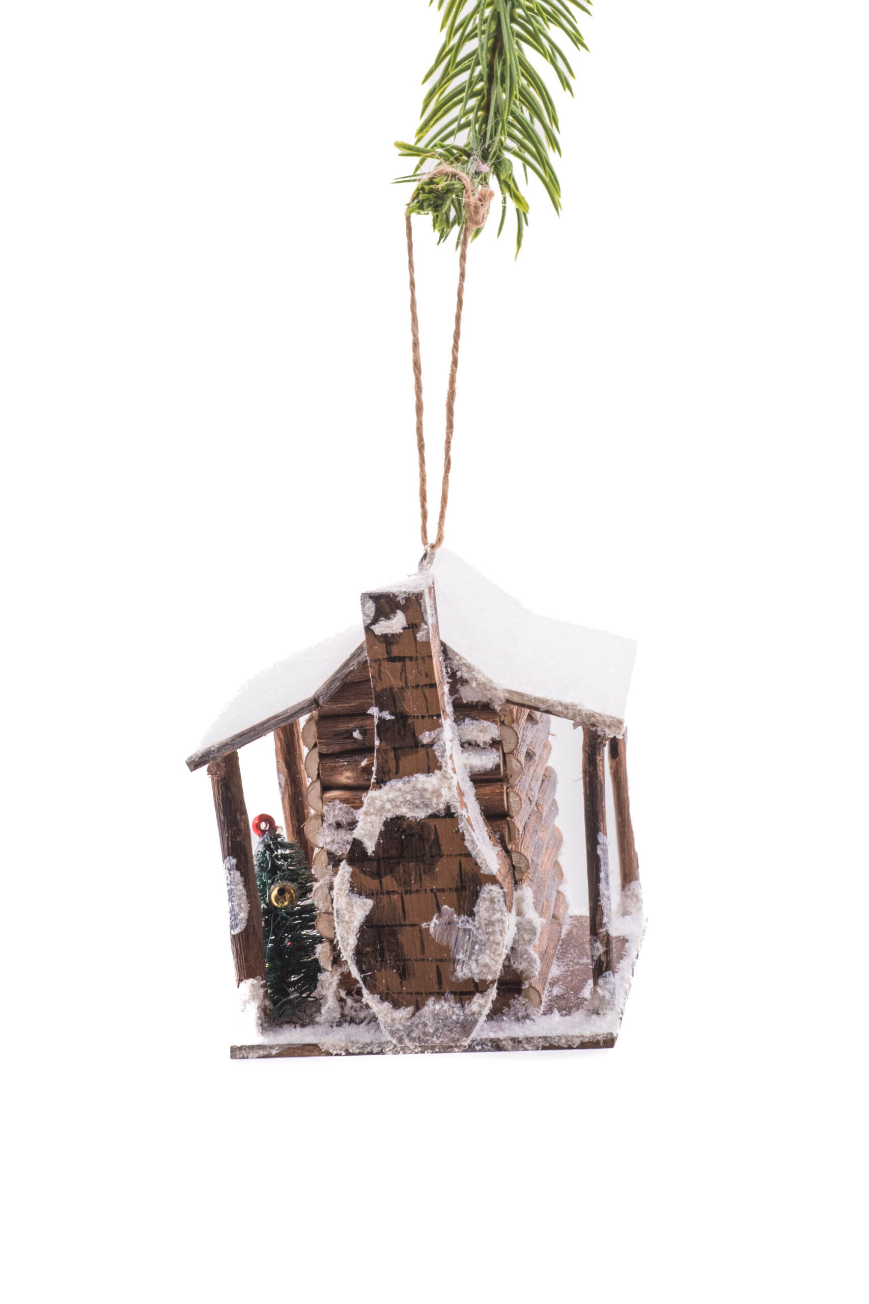 Brown/White MDF Hanging Cabin Lighted Ornament with Christmas Tree - Image 2