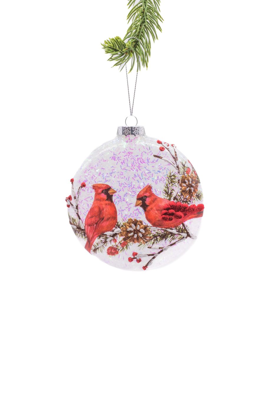 Clear/Turquoise Glass Hanging Puck Ornament with Cardinal Couple