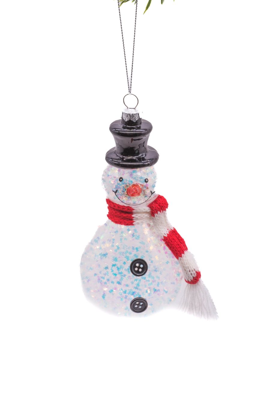 Clear Glass Hanging Snowman Ornament wearing Scarf