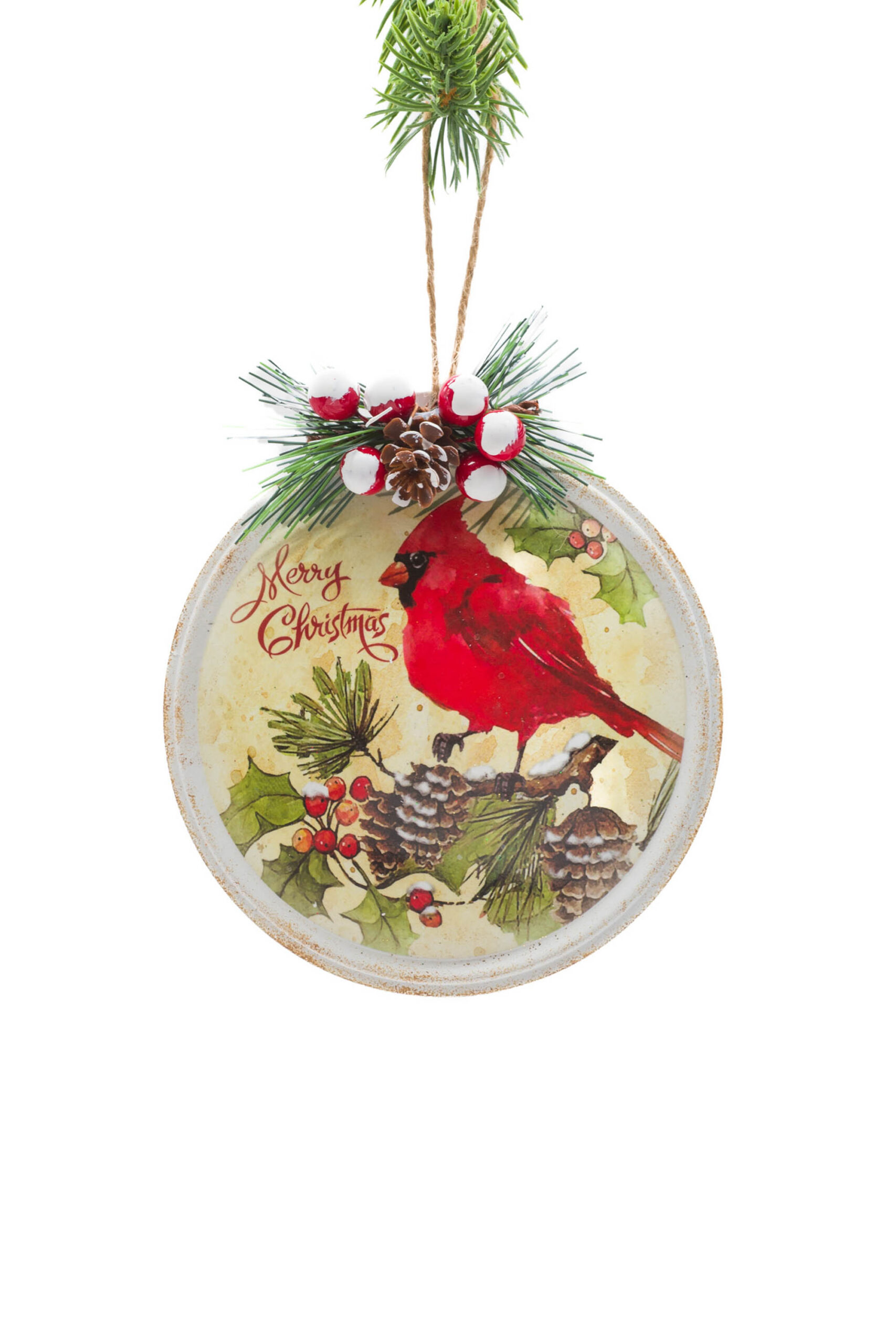 Yellow Tin Hanging "Merry Christmas" Ornament with Cardinal Print