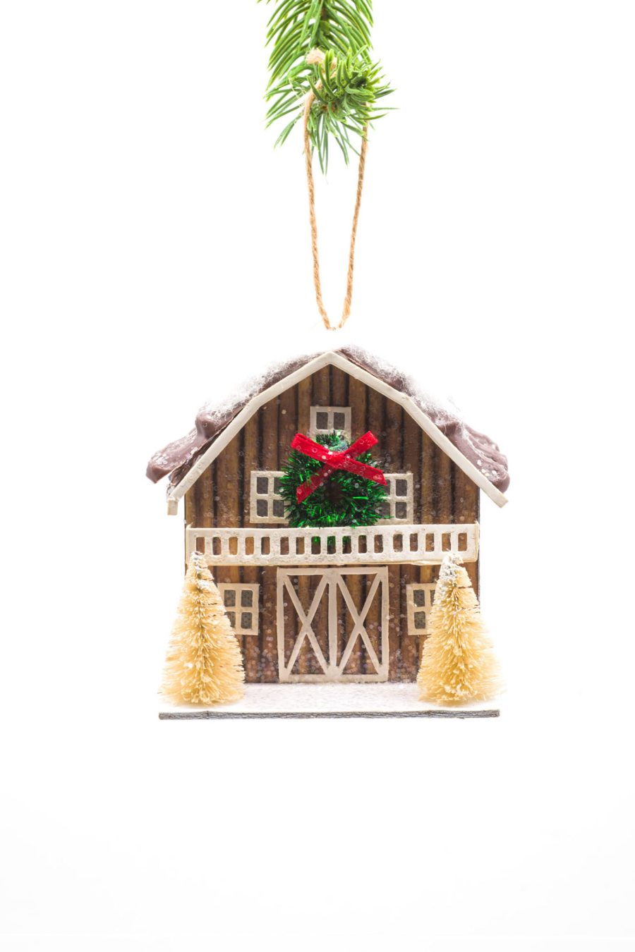 Brown Hanging Barnhouse LED Ornament with Snowcapped Roof