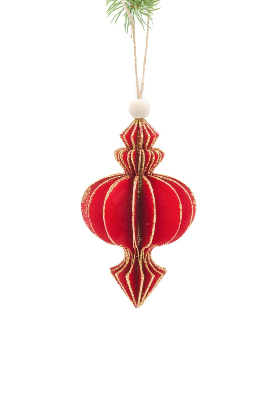 Red Hanging Paper Onion Ornament with Glittering Gold Trim