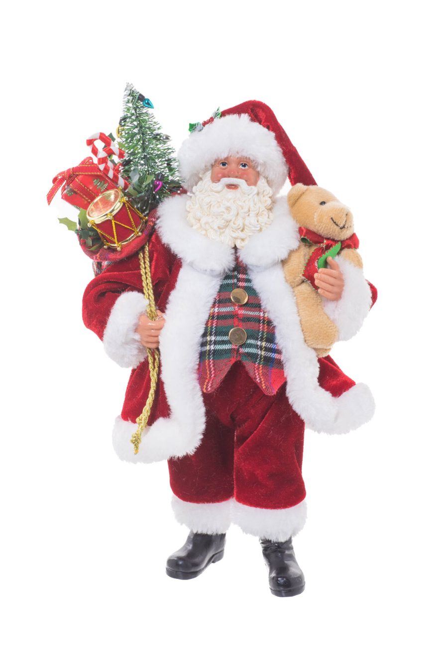Red Fabric Standing Plump Santa holding Teddy Bear