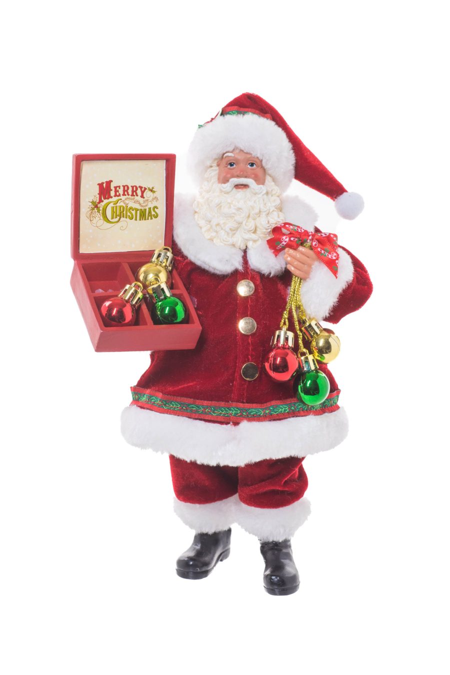 Red Fabric Standing Plump Santa holding Ornaments