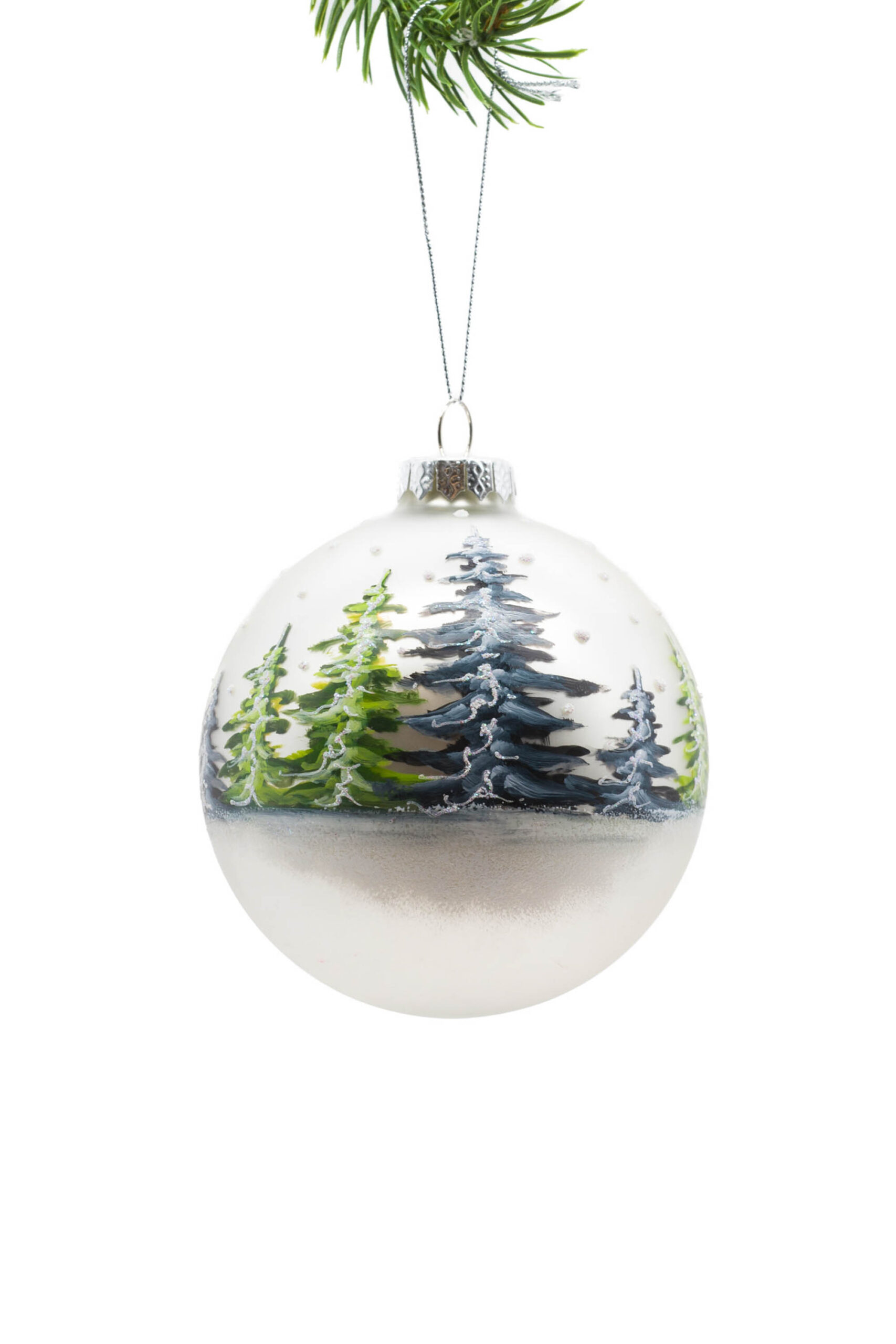 Silver Glass Hanging Painted Ball Ornament with Snowing Treefield Paint