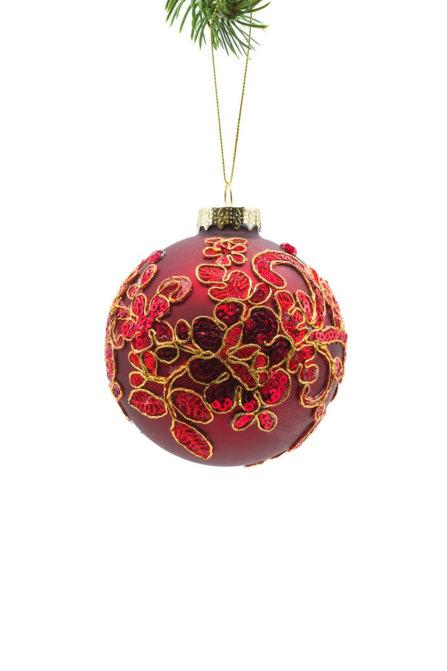 Red Glass Hanging Floral Ball Ornament with Gold Trim