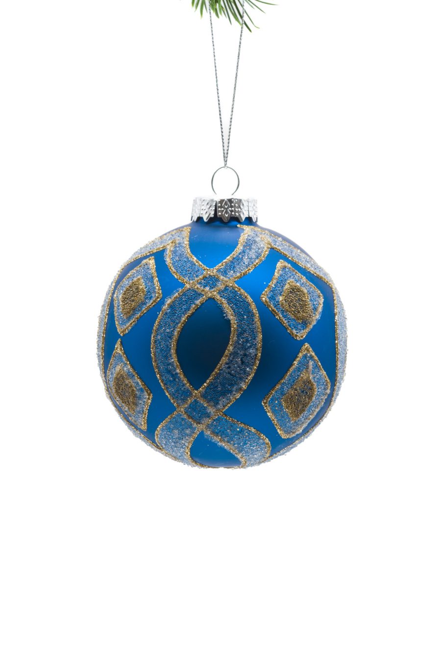 Blue Glass Hanging Glittering Ball Ornament with Gold Trim