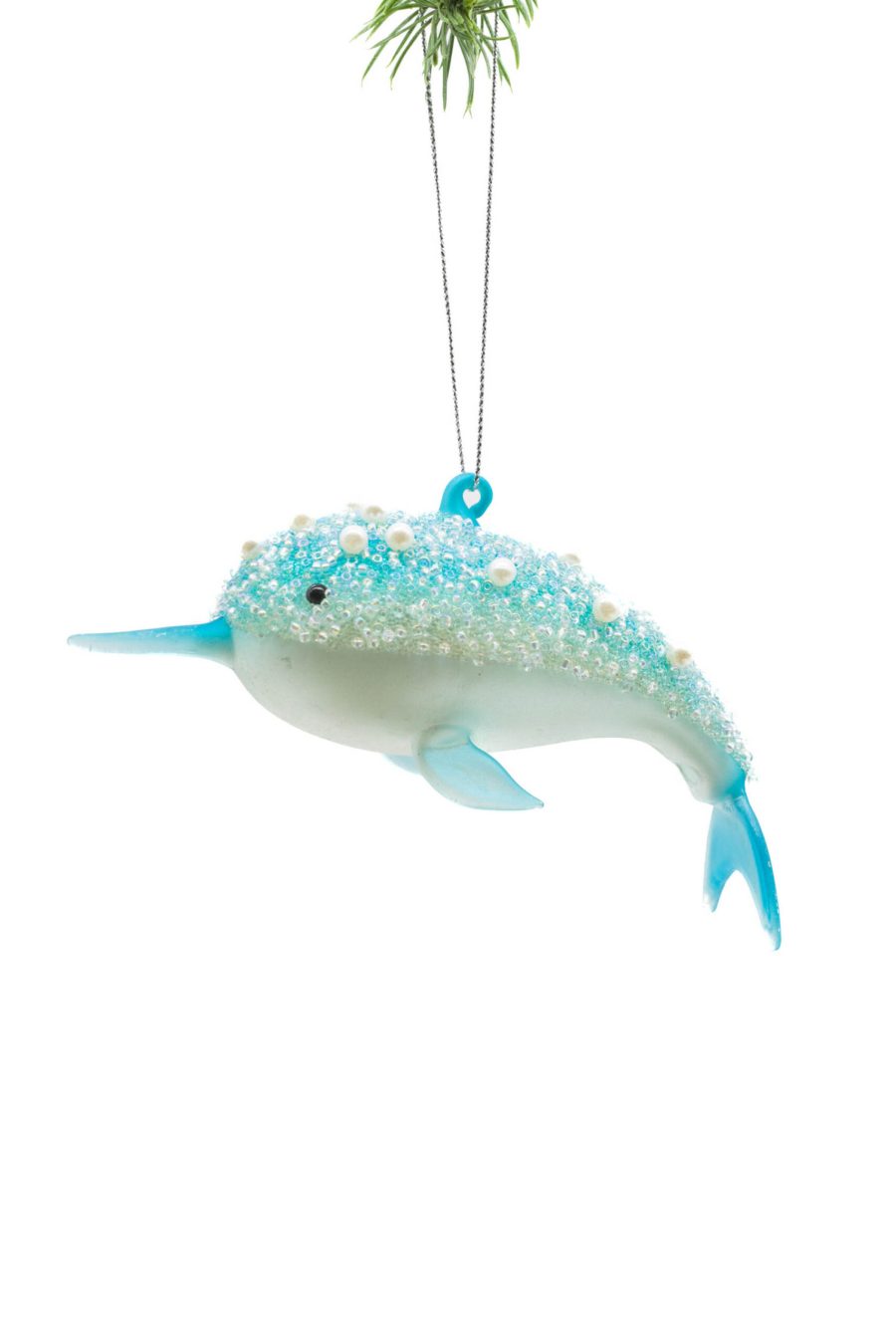 Blue/White Glass Hanging Narwhal Ornament with Decorative Pearls