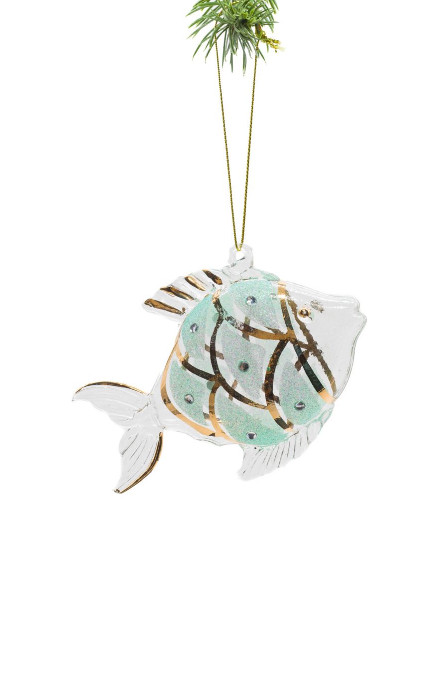 Clear/Teal Glass Hanging Fish Ornament with Gold Trim