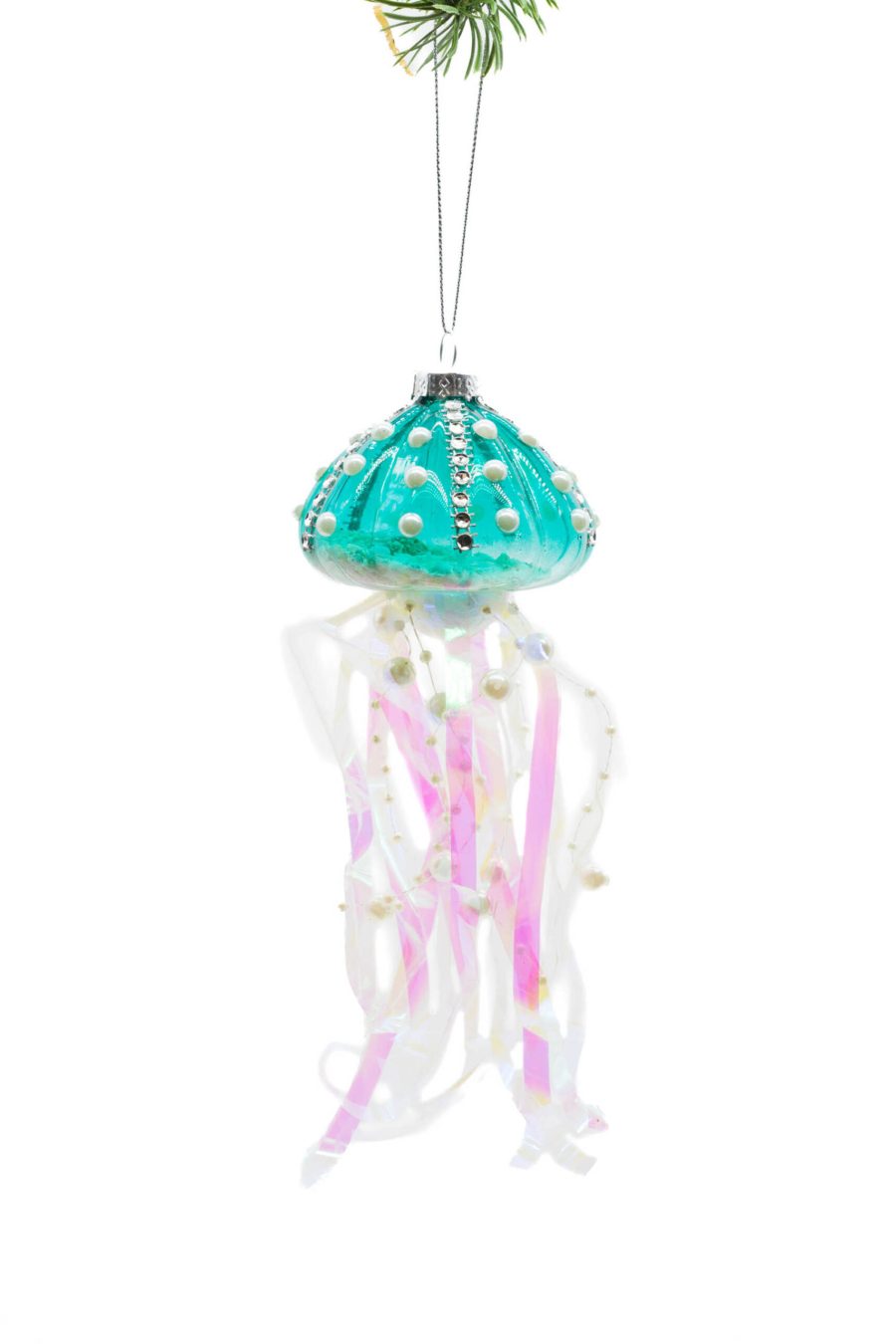 Blue/Iridescent Glass Hanging Jellyfish Ornament with Sandy Filling