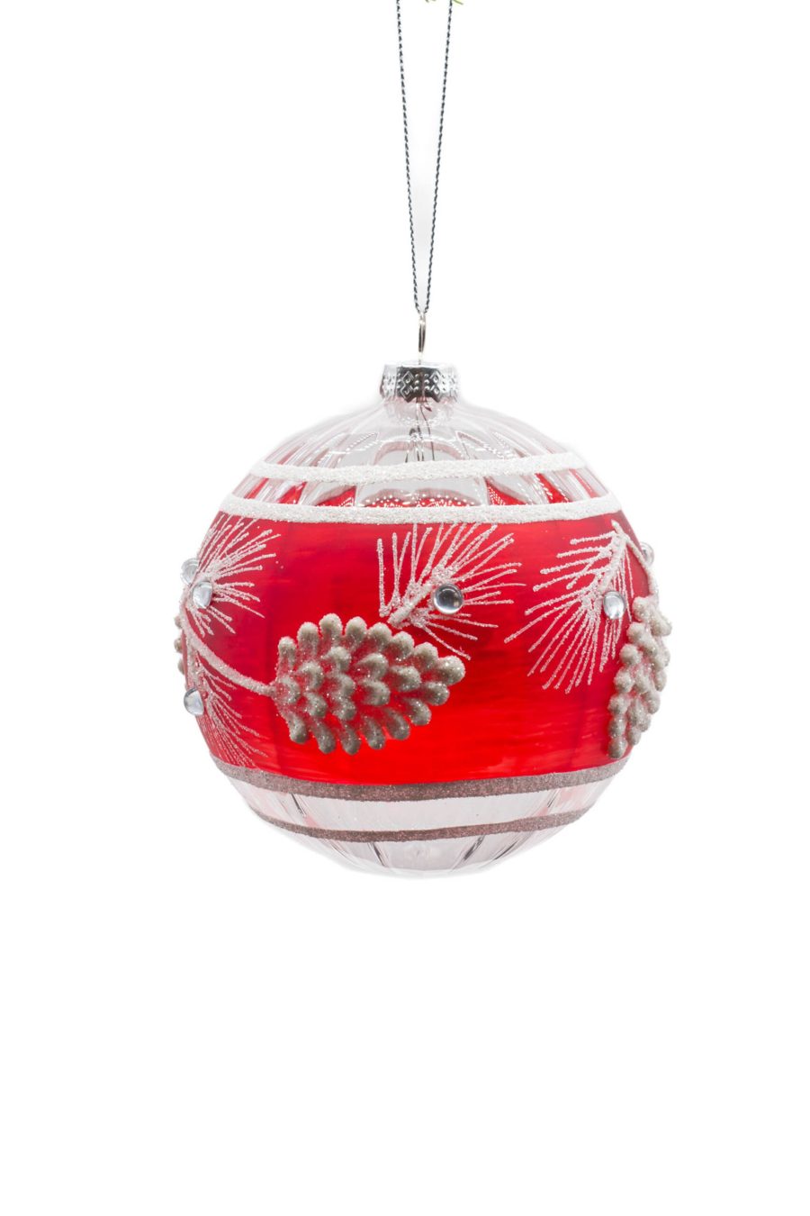 Red/Clear Glass Hanging Ornate Bulb with Crystal Pine Tree detailing