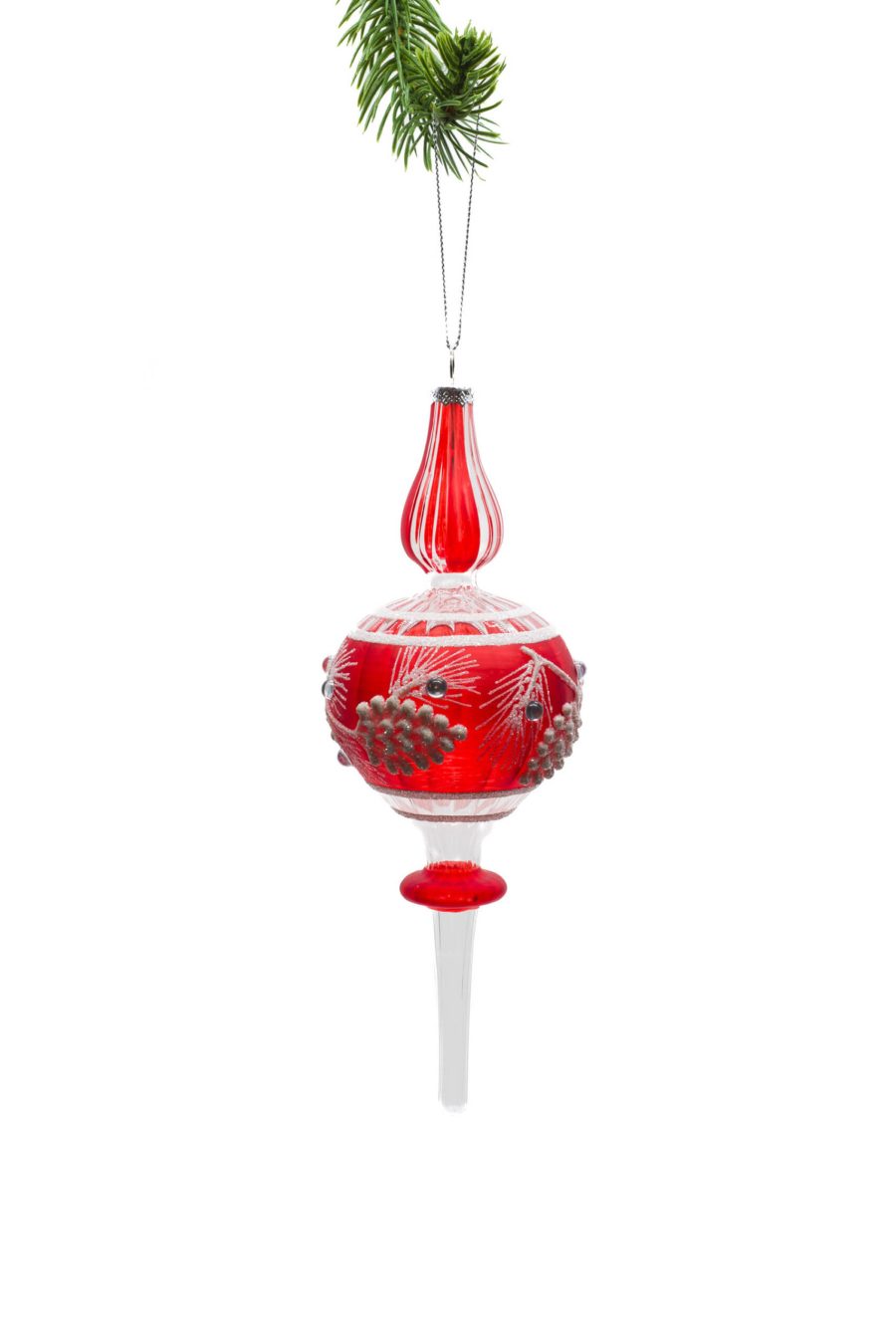 Red/Clear Glass Hanging Ornate Icicle with Crystal Pine Tree detailing