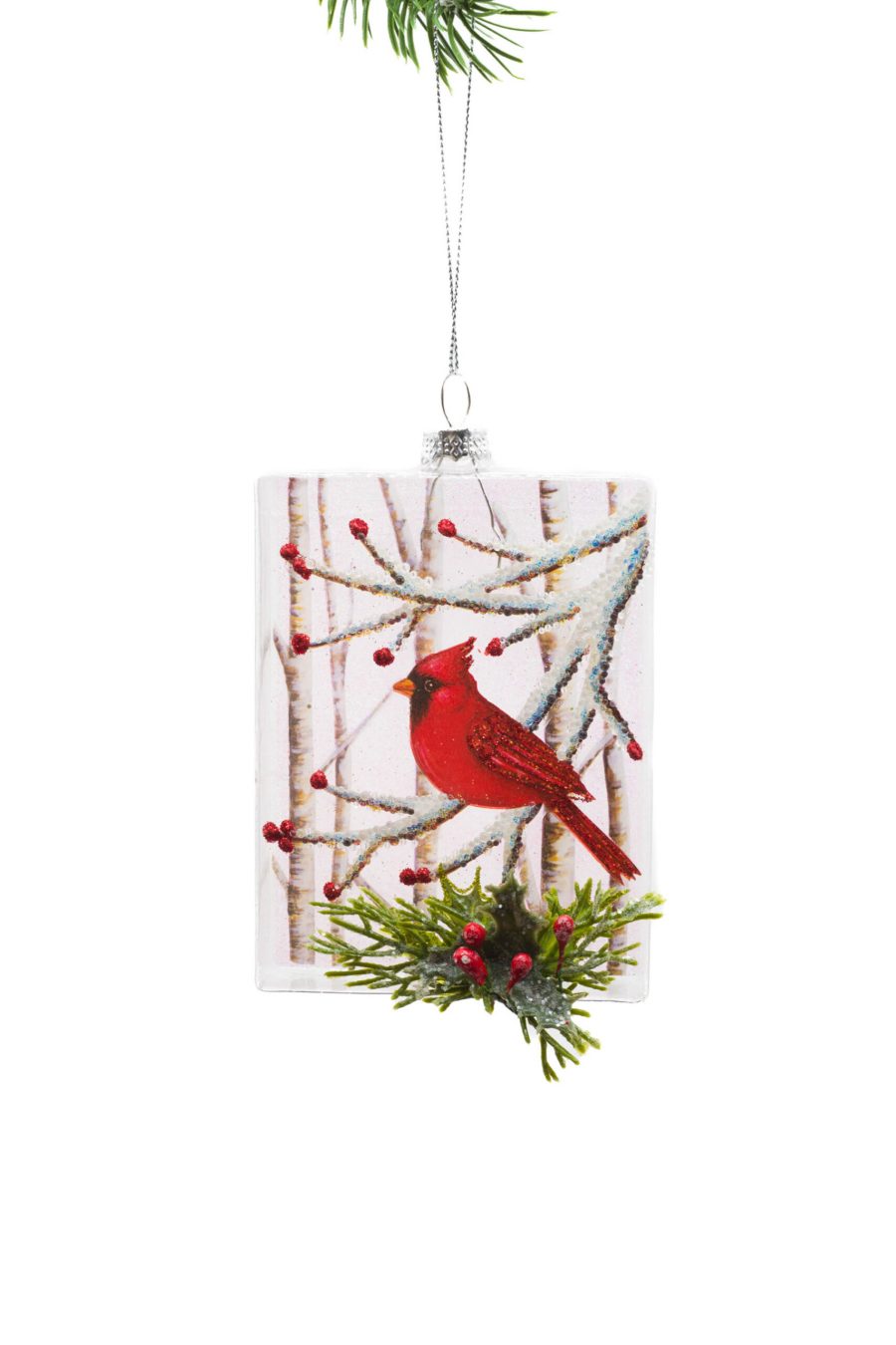 Clear/Red Glass Hanging 3D Pendant with Cardinal Print