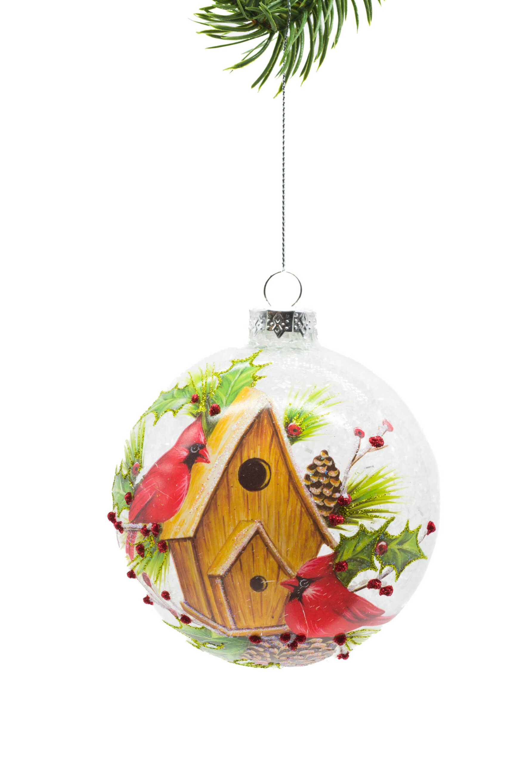 Silver Glass Hanging Frosted Bulb with Birdhouse Print