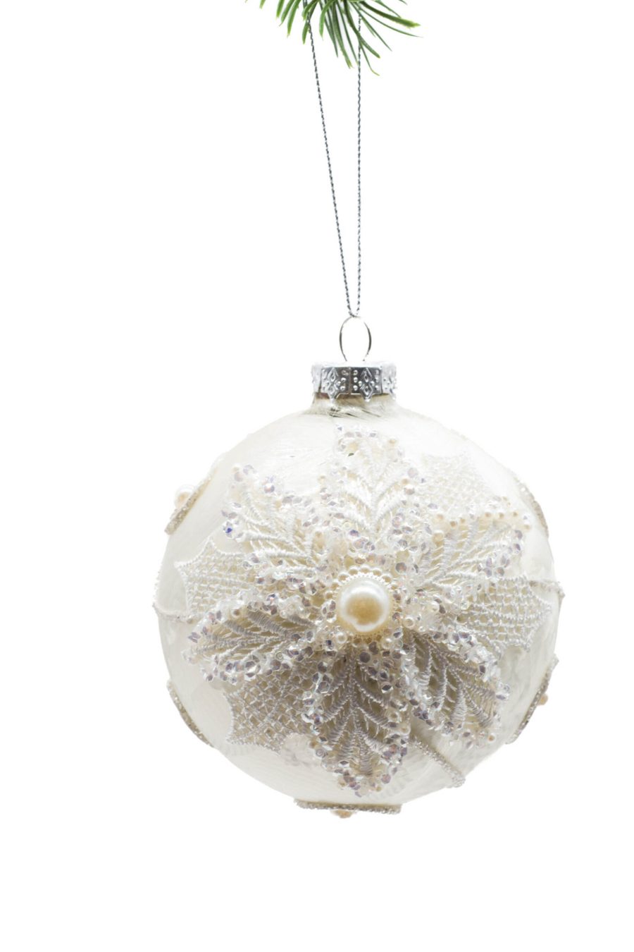 White Glass Hanging Fractal Bulb with Ornate,  3D Snowflake texture