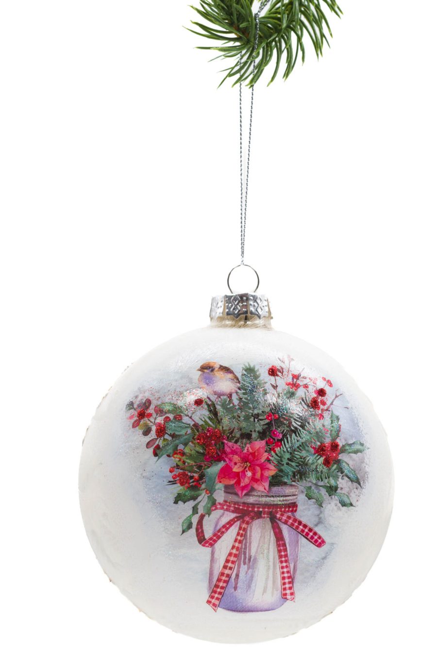 White Glass Hanging Painted Bulb of Potted Flowers