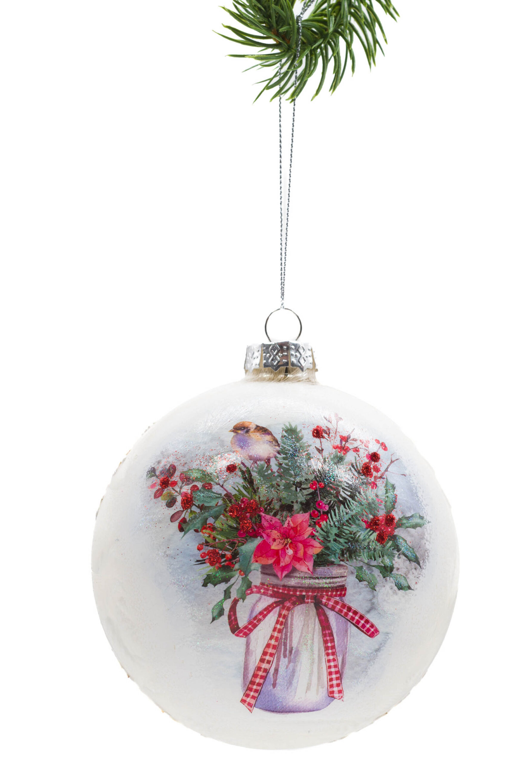 White Glass Hanging Painted Bulb of Potted Flowers