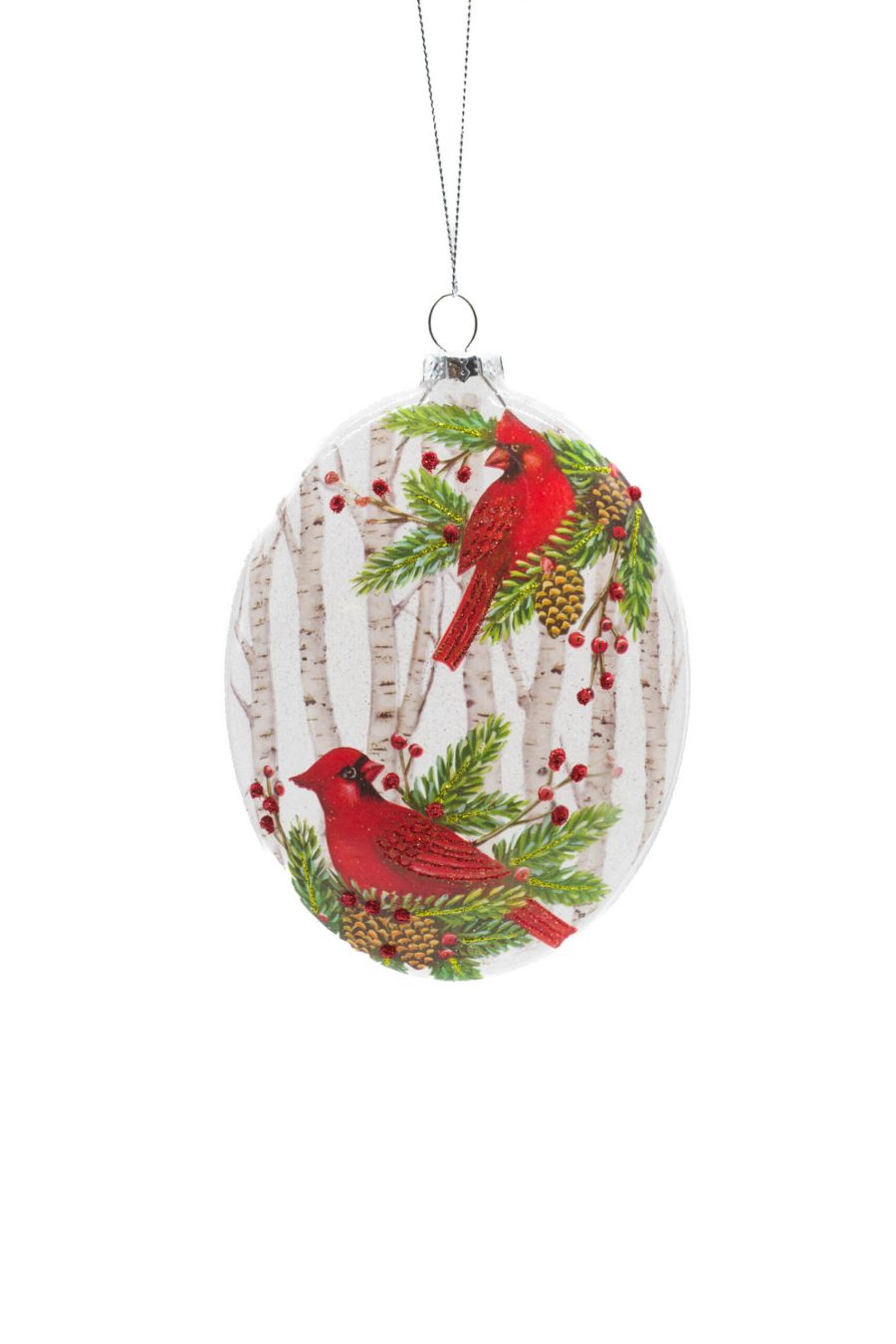 White Glass Hanging Pendant with Cardinals in Holly