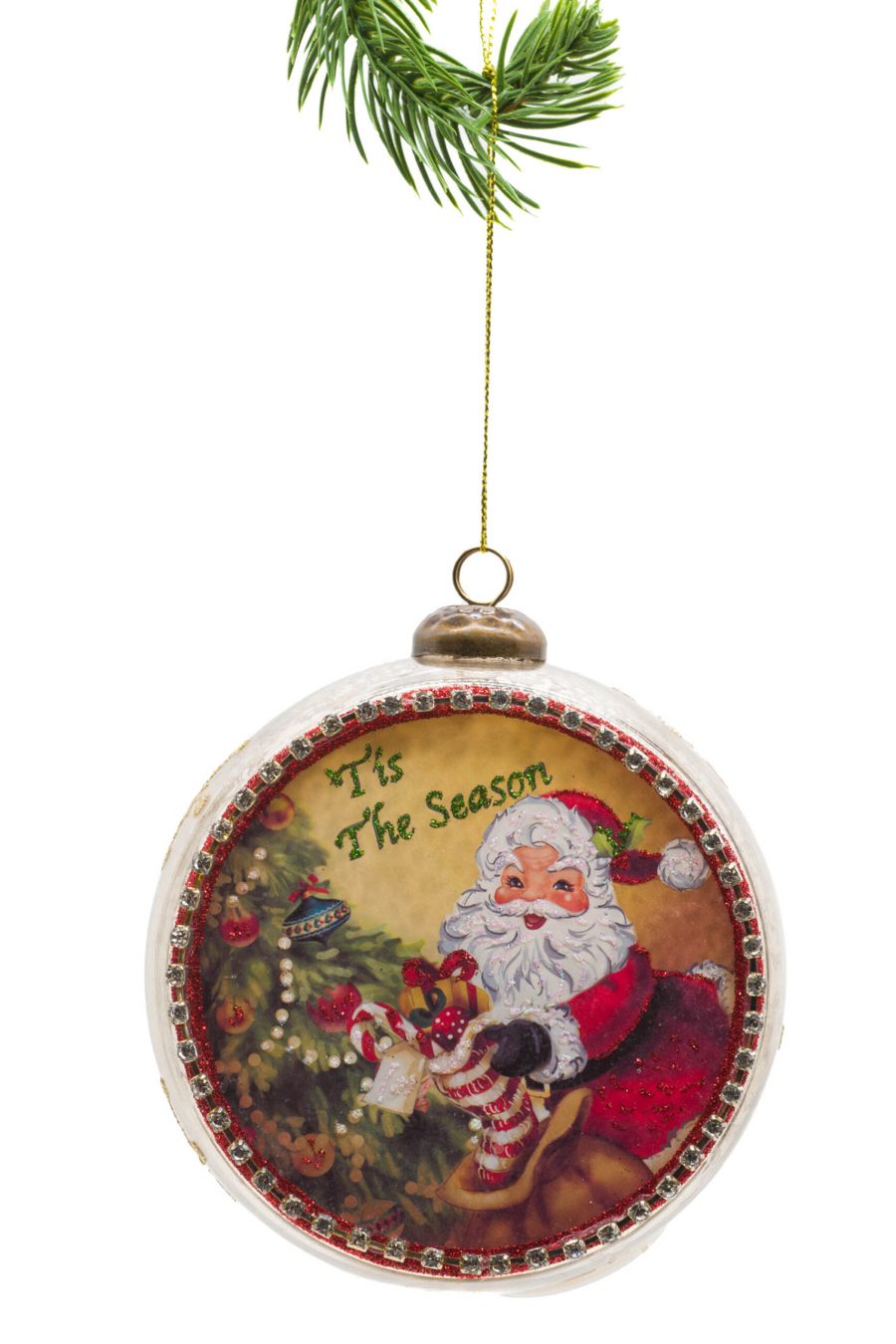 Yellow Glass Hanging Light-Up LED Ornament with Santa on the Job