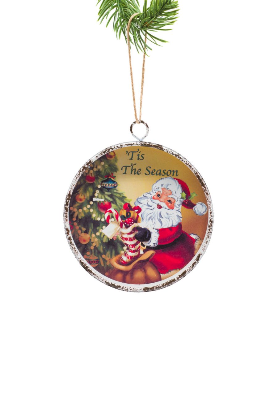 Yellow Iron Hanging Framed Ornament with Santa on the Job