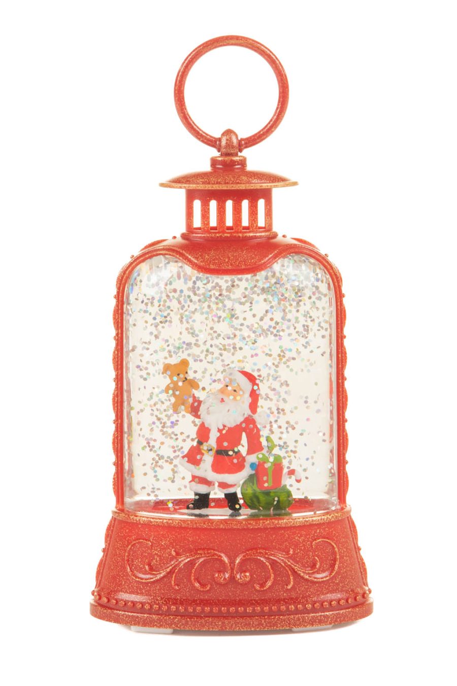 Red Santa Lantern Warm White LED Snow Globe with Swirling Glitter