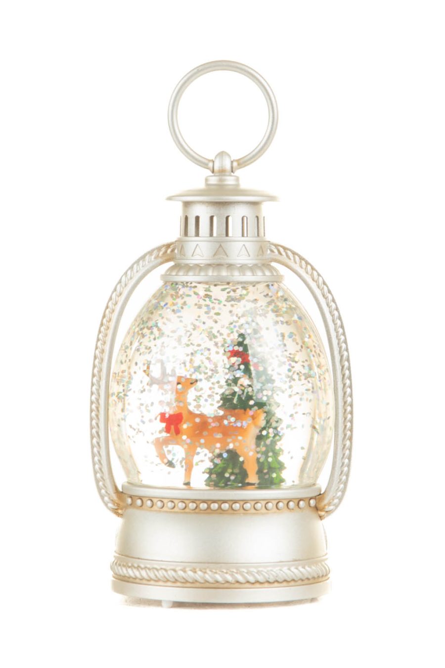 Silver Reindeer Lantern Warm White LED Snow Globe with Swirling Glitter