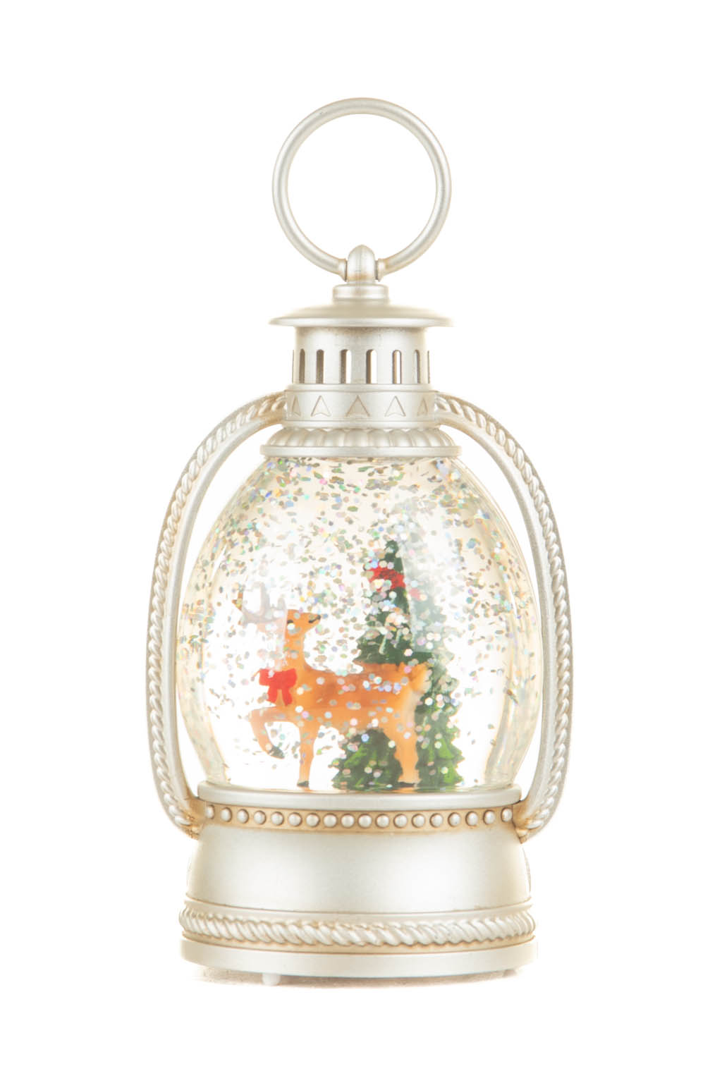 Silver Reindeer Lantern Warm White LED Snow Globe with Swirling Glitter