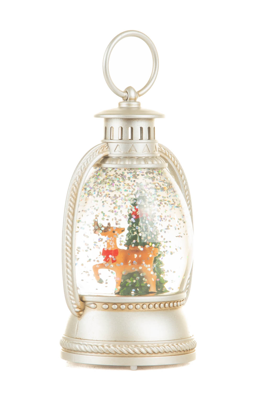 Silver Reindeer Lantern Warm White LED Snow Globe with Swirling Glitter - Image 3