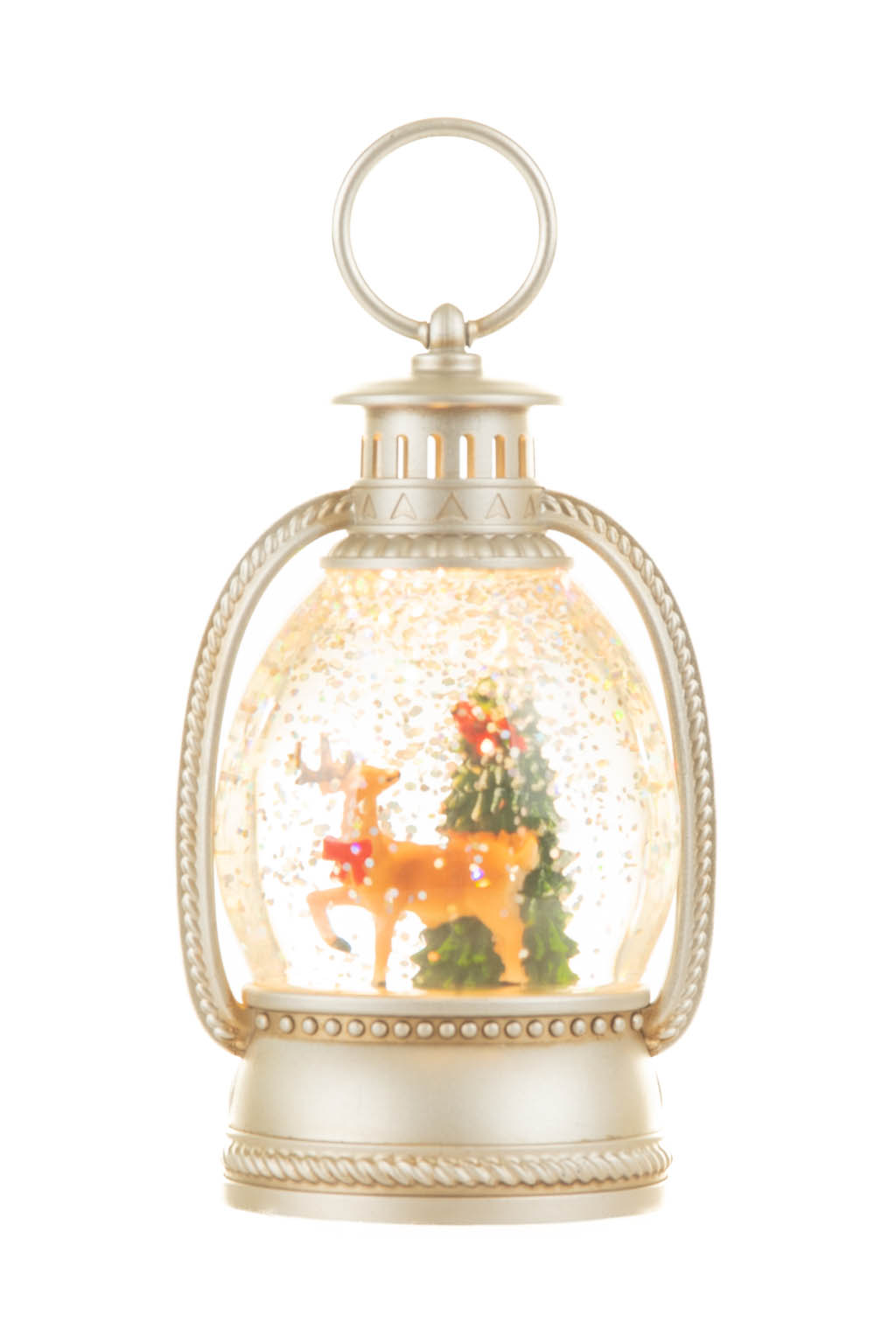 Silver Reindeer Lantern Warm White LED Snow Globe with Swirling Glitter - Image 4