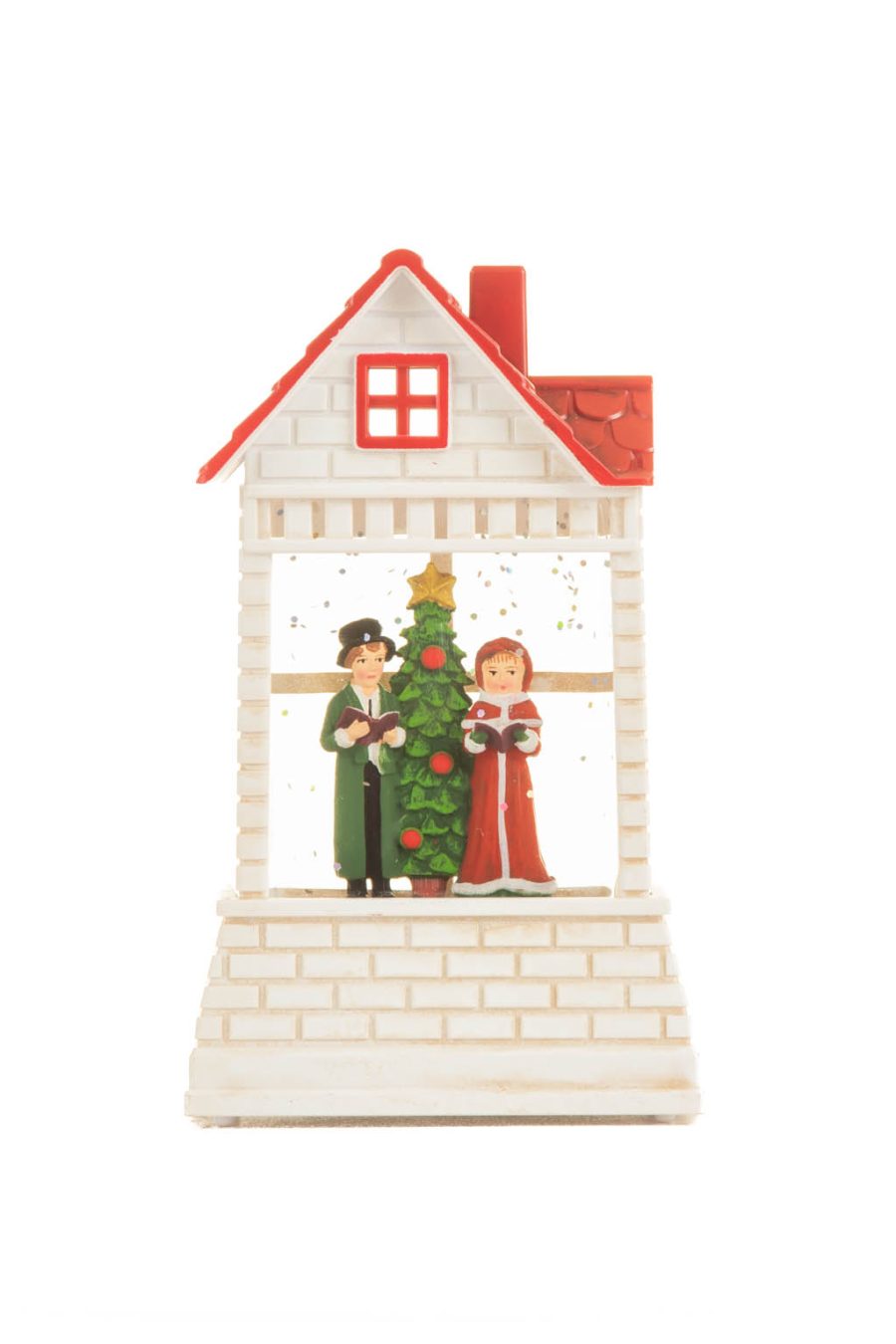 White and Red Brick House Warm White LED Mini Snow Globe with Red Roof