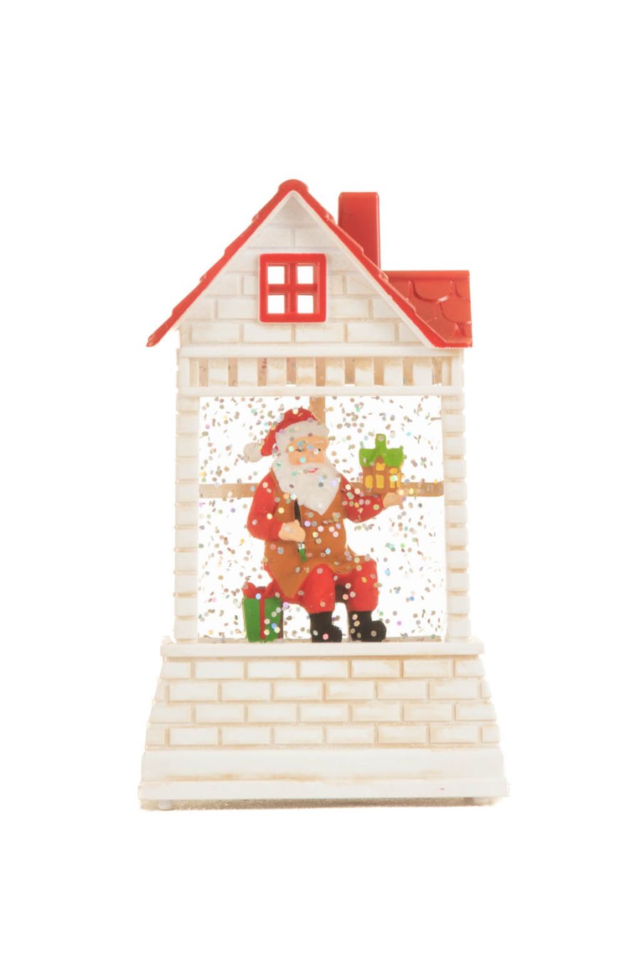 White and Red Brick House Warm White LED Mini Snow Globe with Red Roof