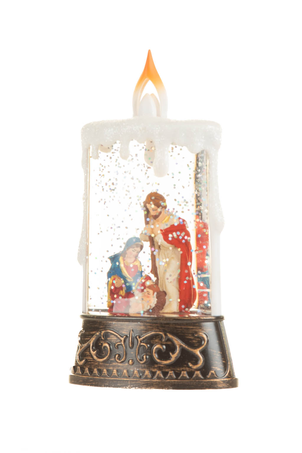 Bronze and White Candle-Like Baby Jesus Warm White LED Snow Globe - Image 2