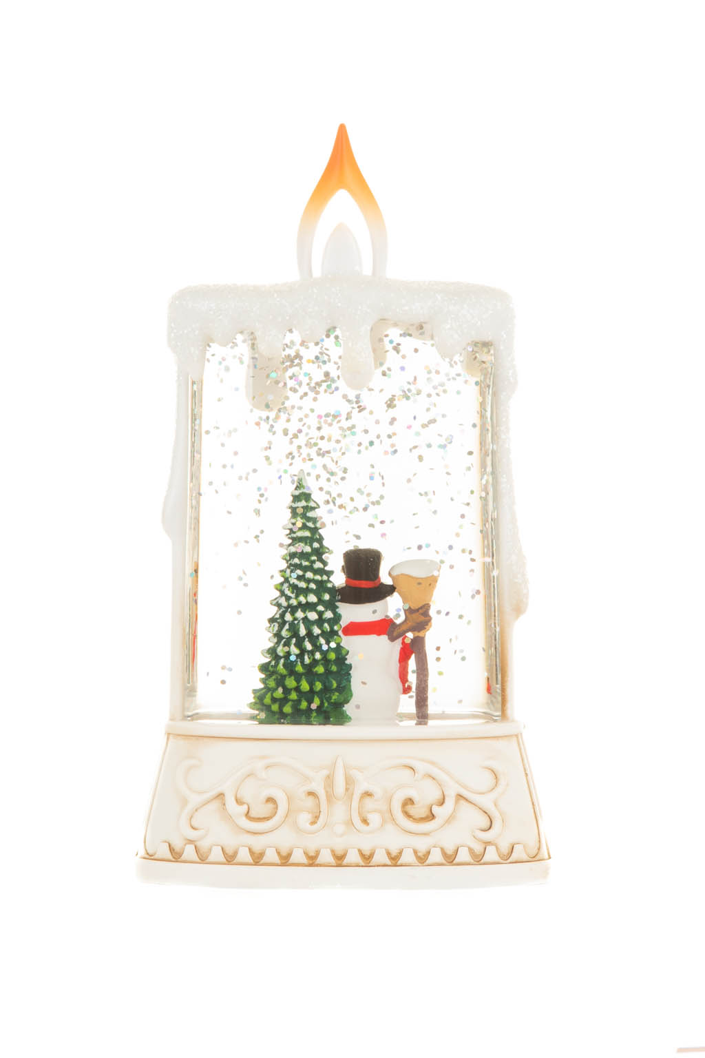 Beige and White Candle-Like Snowman Warm White LED Snow Globe - Image 2