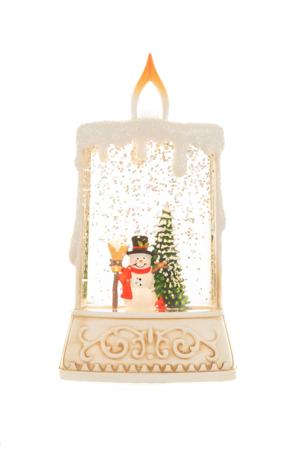 Beige and White Candle-Like Snowman Warm White LED Snow Globe - Image 4