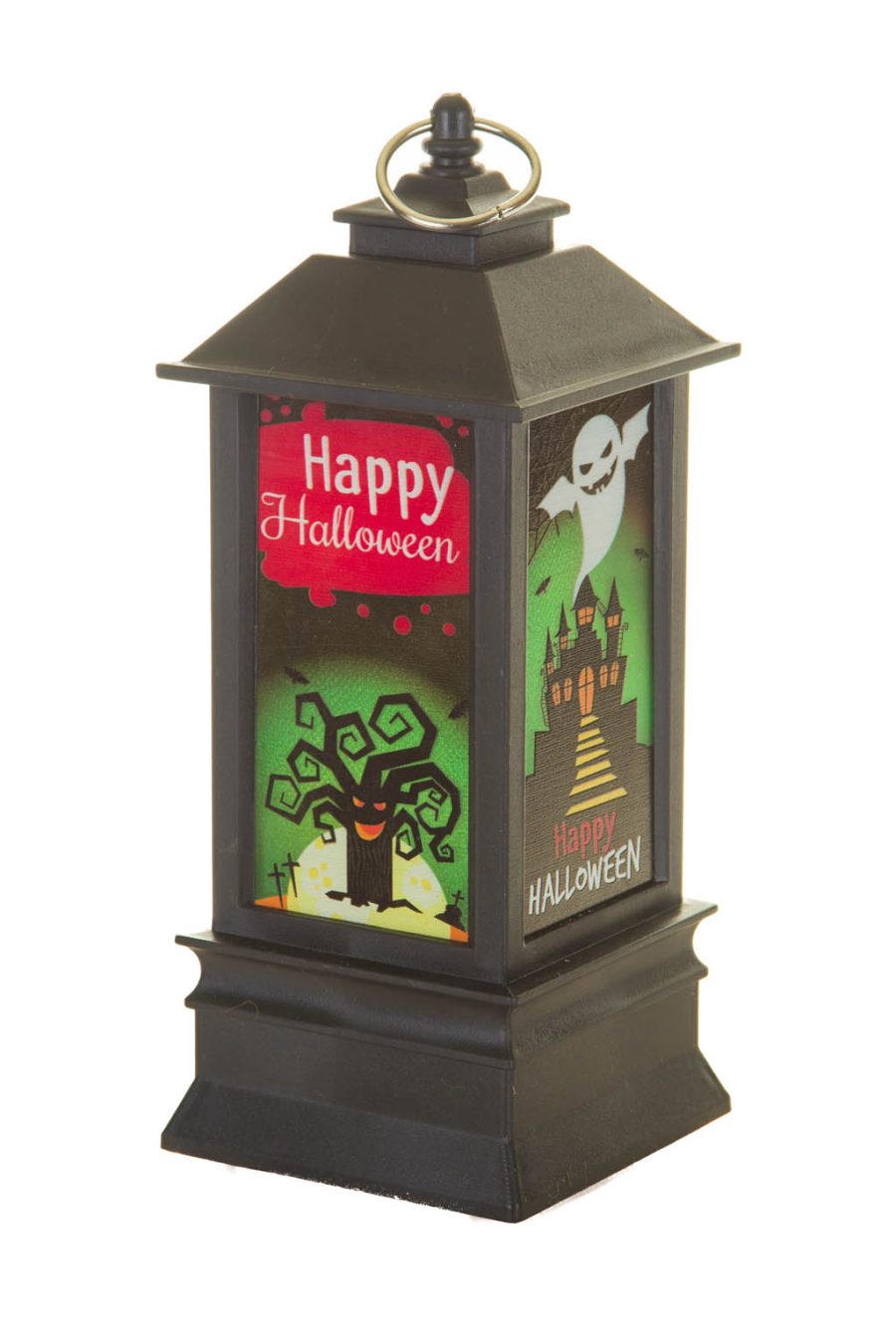 Hangable Black Spooky LED Lantern with Haunted House Scape