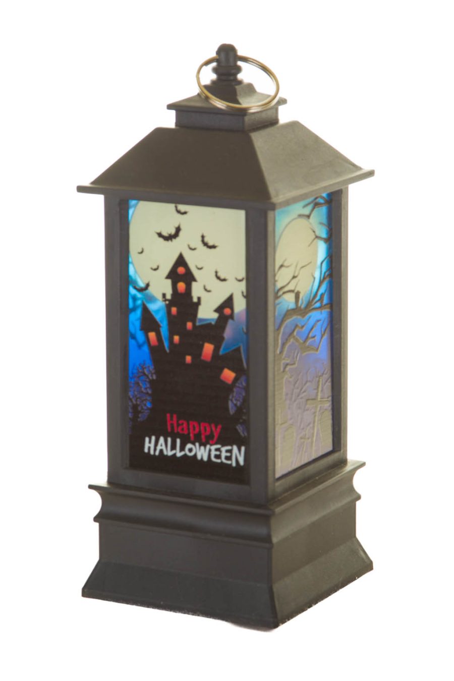 Hangable Black Spooky LED Lantern with Graveyard Scape