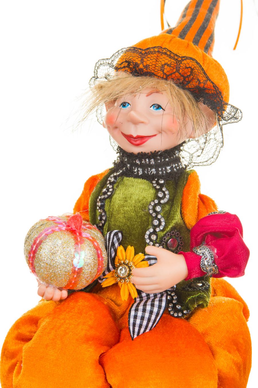 Smiling Animated Orange and Green Girl Elf Wearing Pumpkin Hat