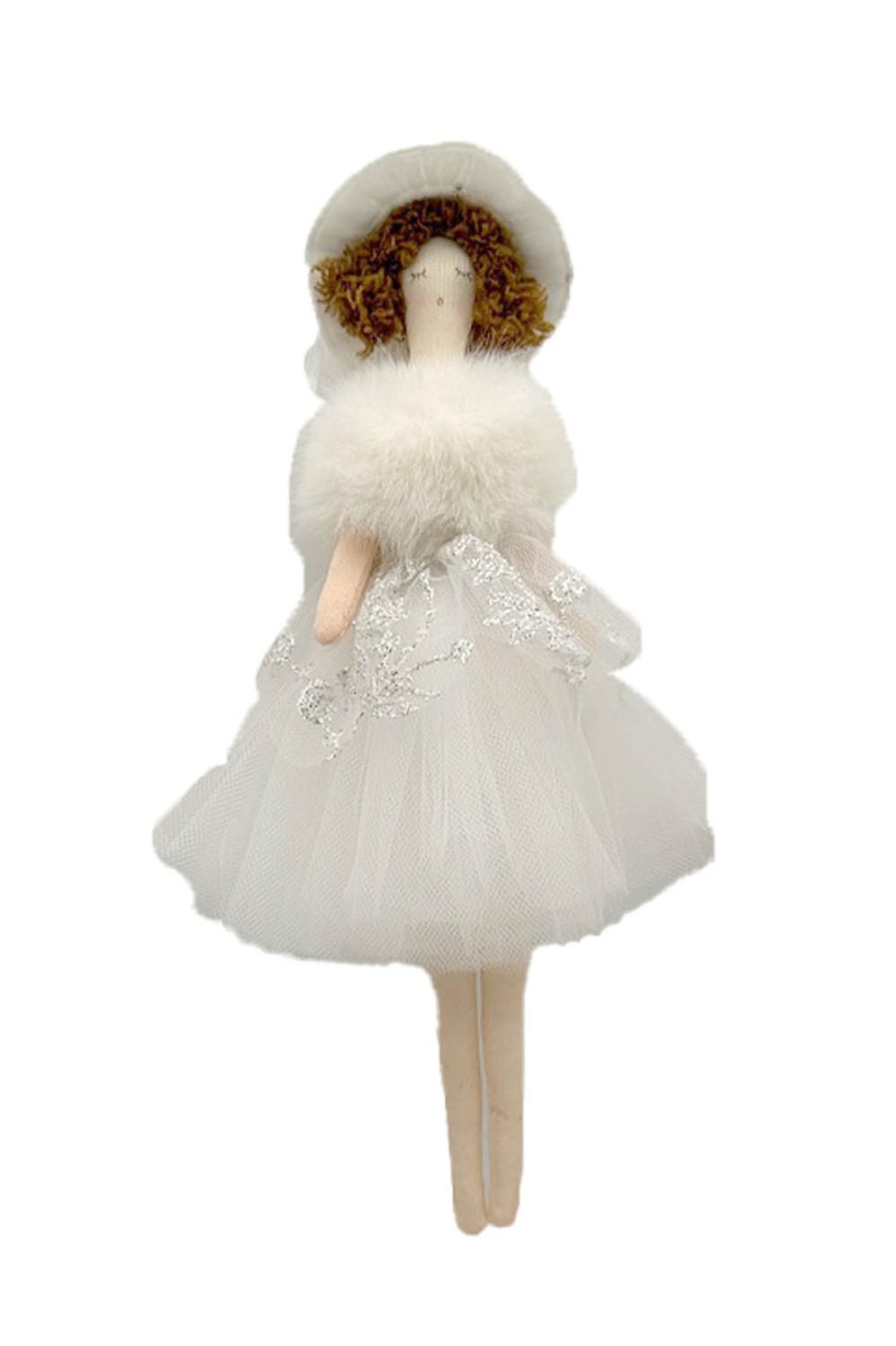 Genteel Little Hangable White Angel Ornament in Fur Scarf and Wide-Brimmed Cloche Hat
